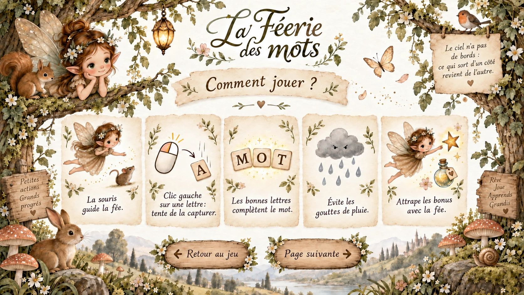 Comment jouer : la souris guide la fée, le clic gauche fait tomber la lettre visée, les bonnes lettres complètent le mot, il faut éviter les gouttes de pluie et attraper les bonus. Le ciel n’a pas de bords.