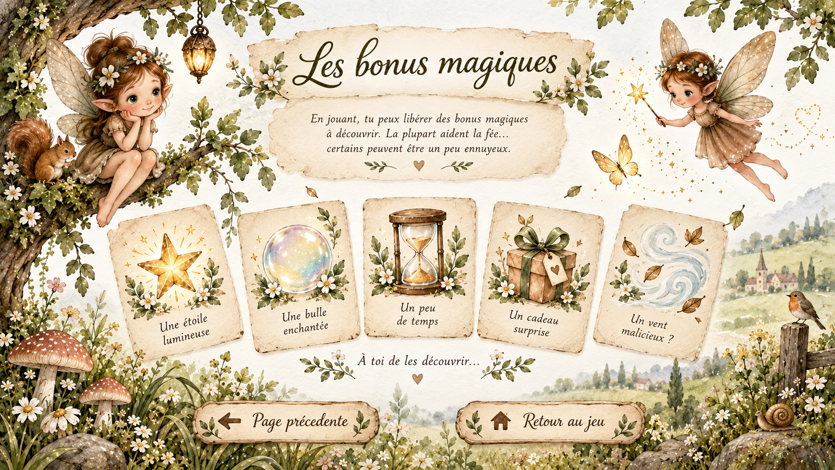 Les bonus magiques : en jouant, on peut libérer des bonus à découvrir. La plupart aident la fée et certains peuvent être un peu ennuyeux.